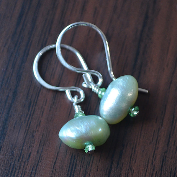 Sage Green Pearl Earrings with Tsavorite Garnets