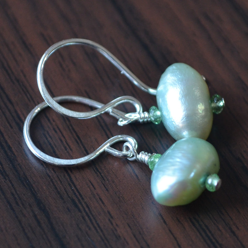 Sage Green Pearl Earrings with Tsavorite Garnets