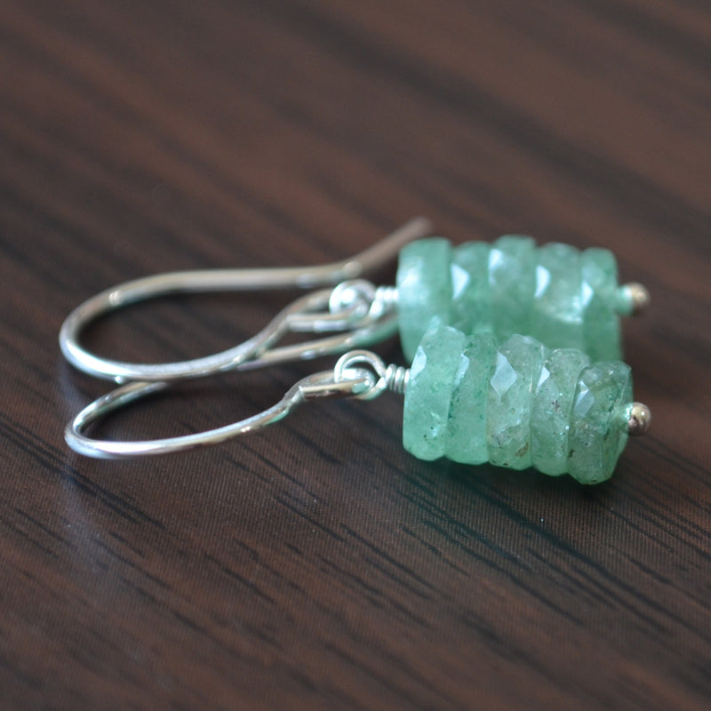 Green Drop Earrings with Strawberry Quartz in Sterling Silver