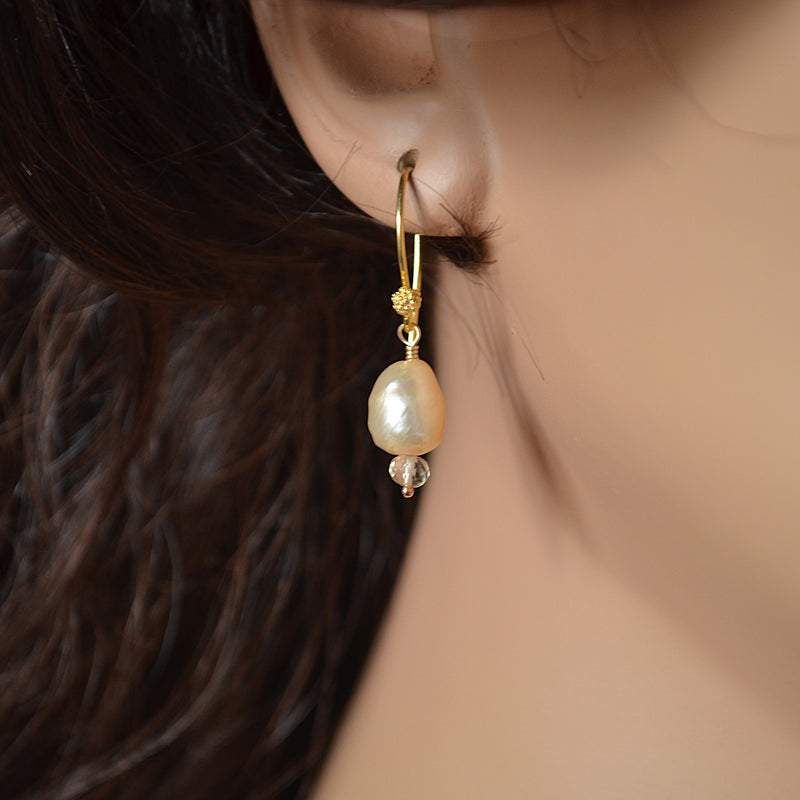 Champagne Pearl Earrings in Gold with Ametrine