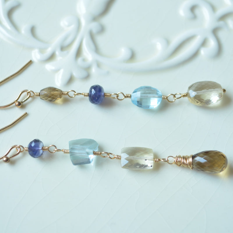 Gold Mismatched Earrings with Blue Topaz and Scapolite