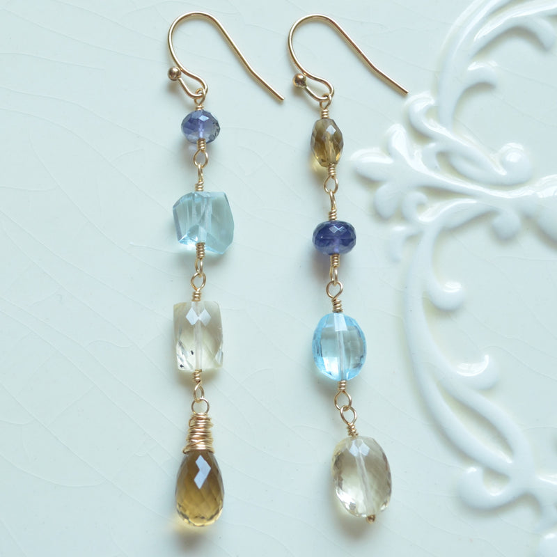 Gold Mismatched Earrings with Blue Topaz and Scapolite