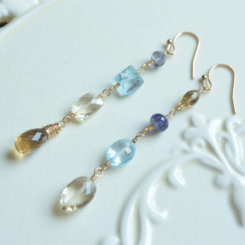 Gold Mismatched Earrings with Blue Topaz and Scapolite