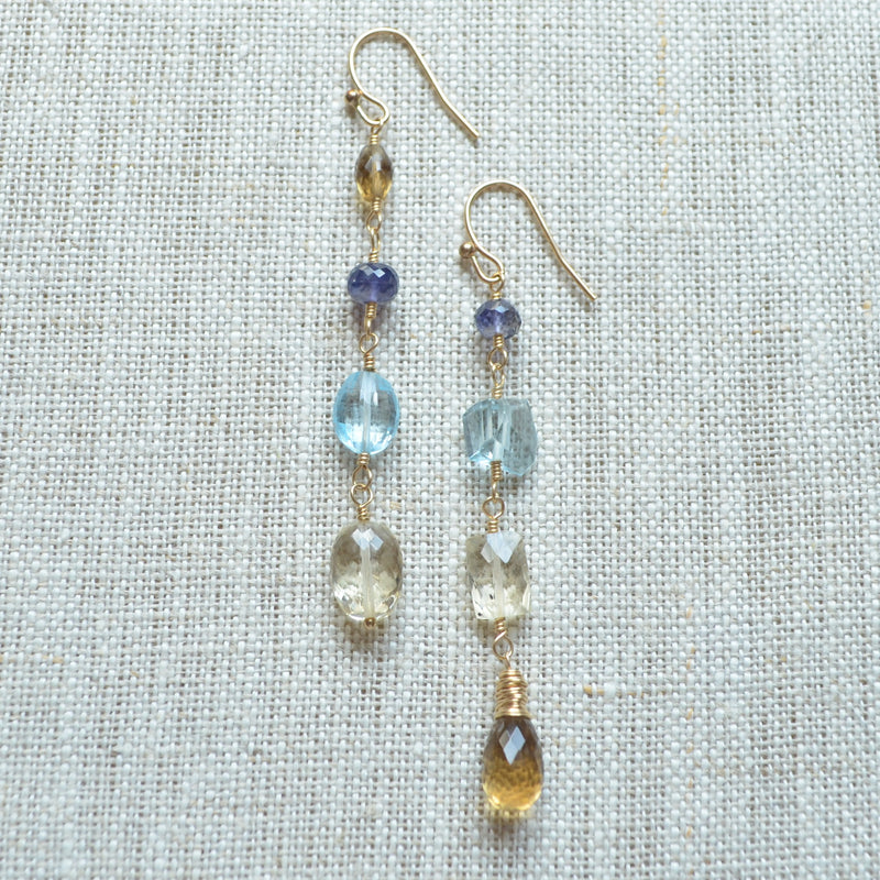 Gold Mismatched Earrings with Blue Topaz and Scapolite