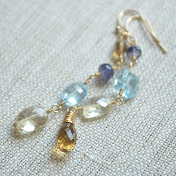 Gold Mismatched Earrings with Blue Topaz and Scapolite