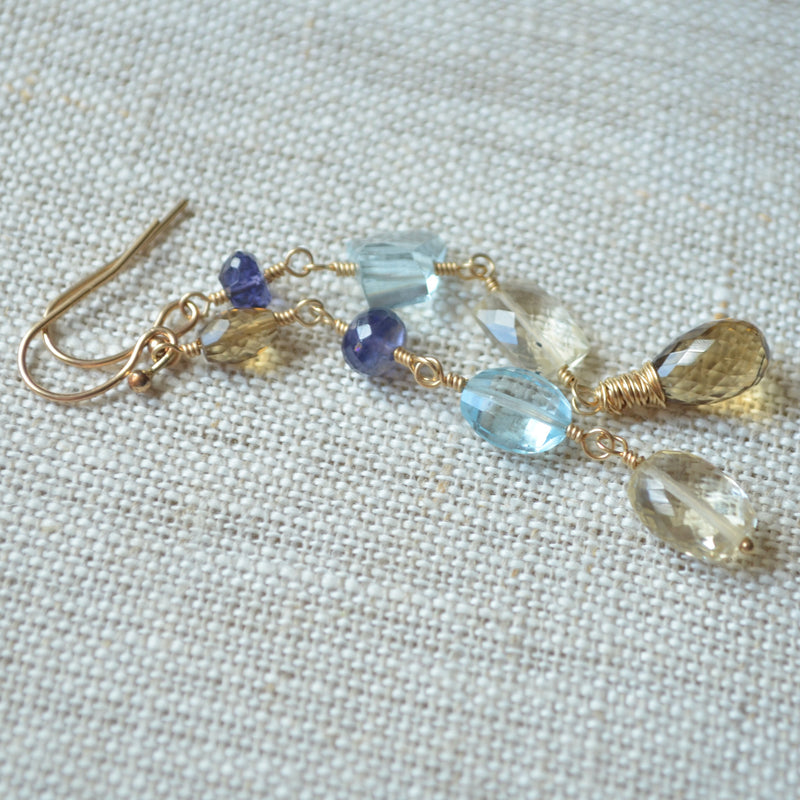 Gold Mismatched Earrings with Blue Topaz and Scapolite