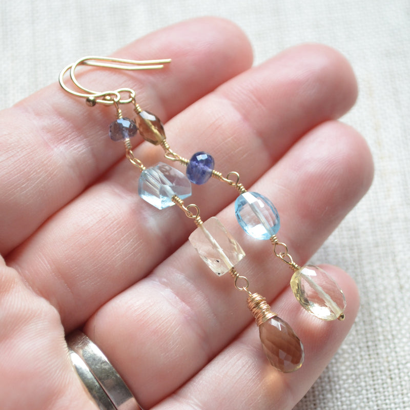 Gold Mismatched Earrings with Blue Topaz and Scapolite