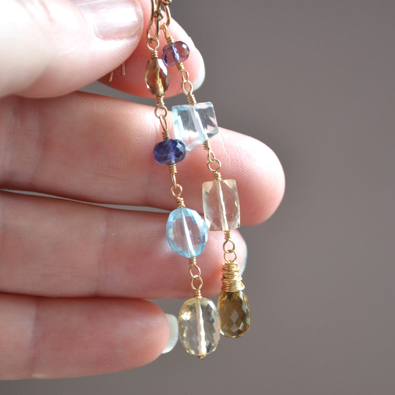 Gold Mismatched Earrings with Blue Topaz and Scapolite