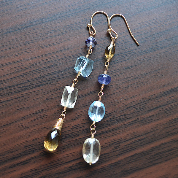 Gold Mismatched Earrings with Blue Topaz and Scapolite