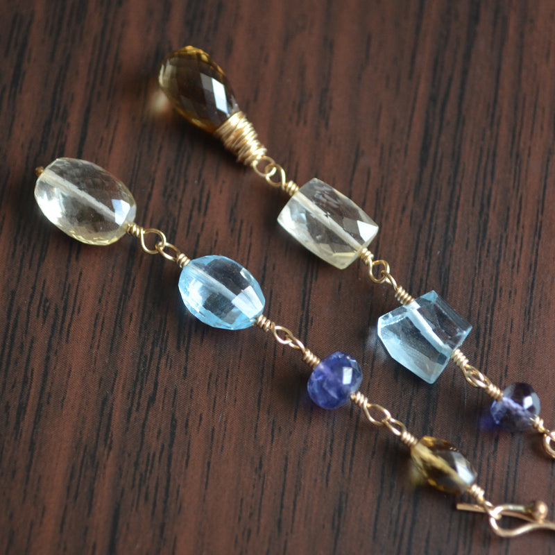 Gold Mismatched Earrings with Blue Topaz and Scapolite