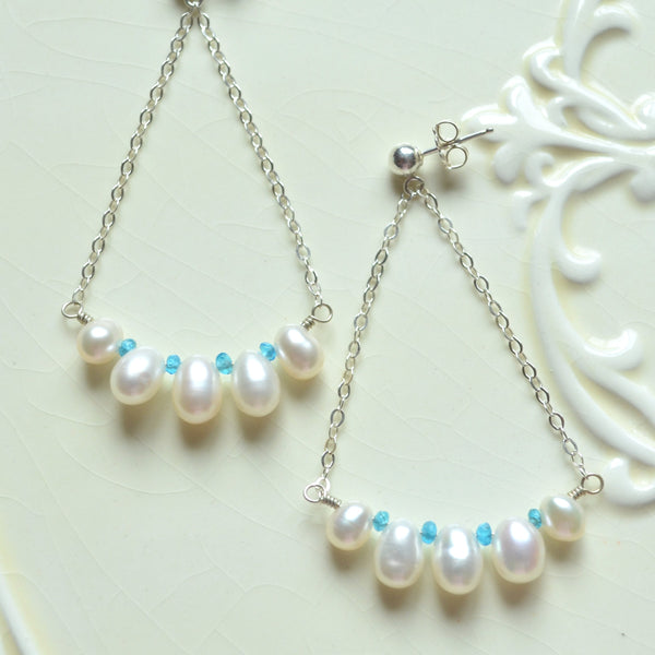 White Pearl Dangle Earrings in Sterling Silver with Apatite