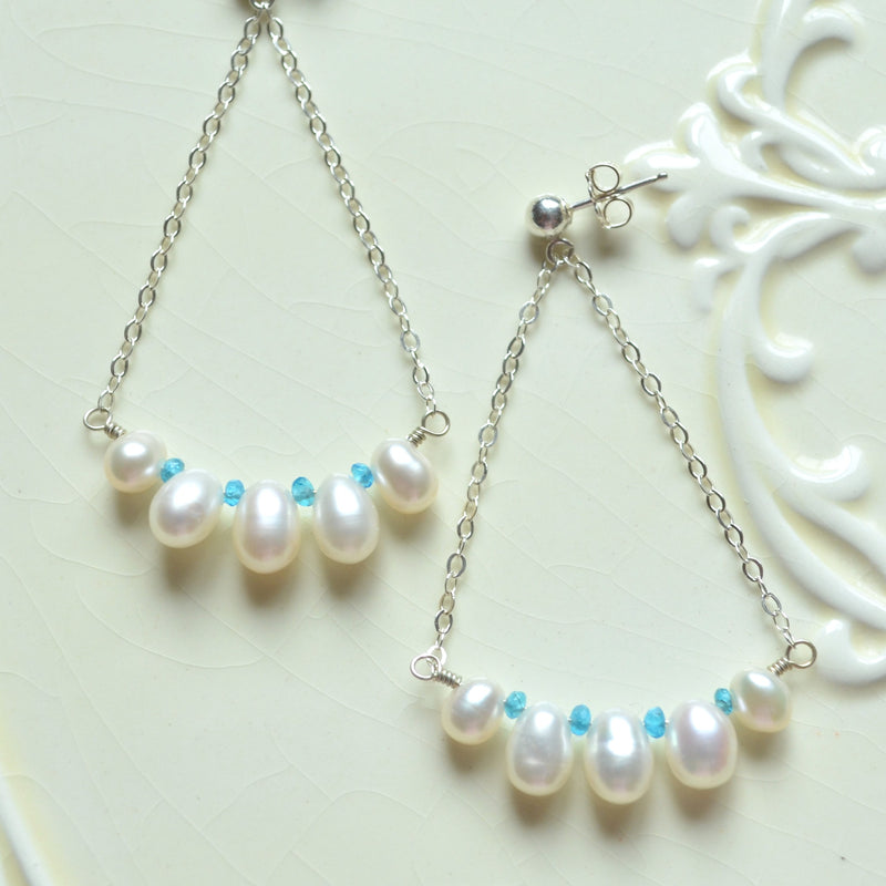 White Pearl Dangle Earrings in Sterling Silver with Apatite