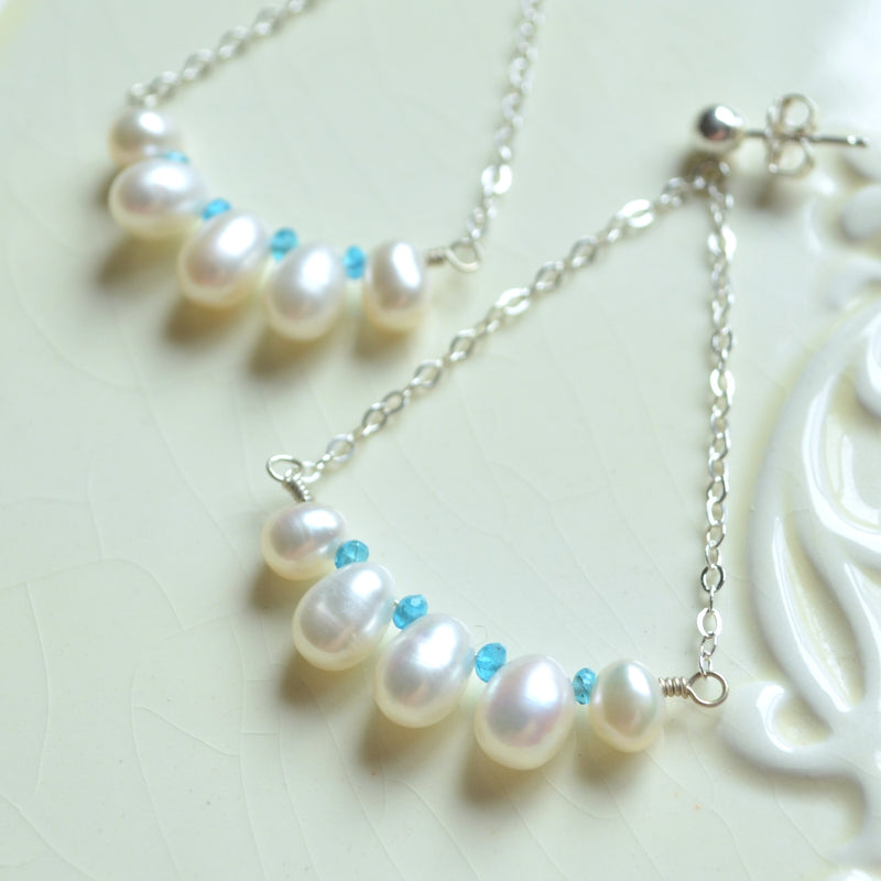 White Pearl Dangle Earrings in Sterling Silver with Apatite