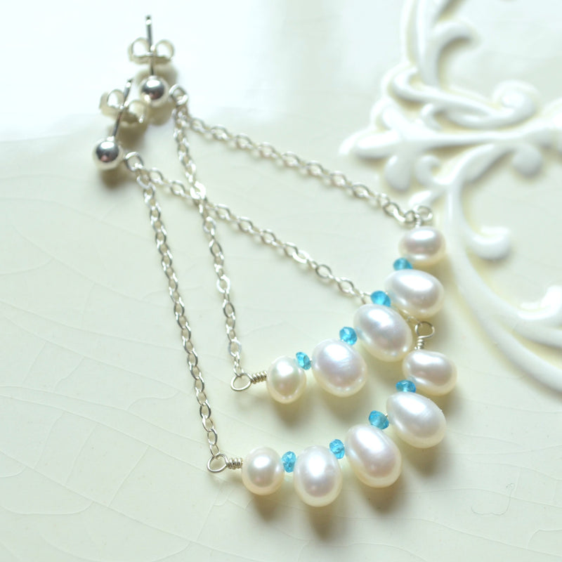 White Pearl Dangle Earrings in Sterling Silver with Apatite