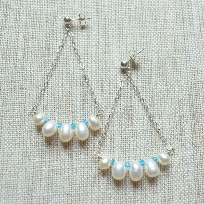 White Pearl Dangle Earrings in Sterling Silver with Apatite