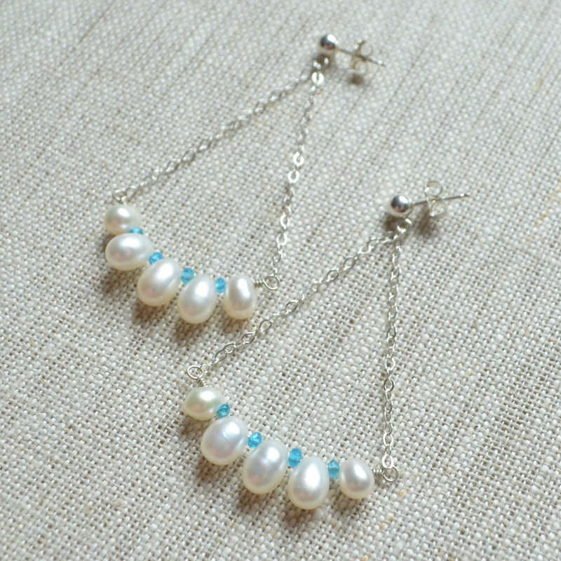 White Pearl Dangle Earrings in Sterling Silver with Apatite