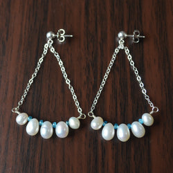 White Pearl Dangle Earrings in Sterling Silver with Apatite