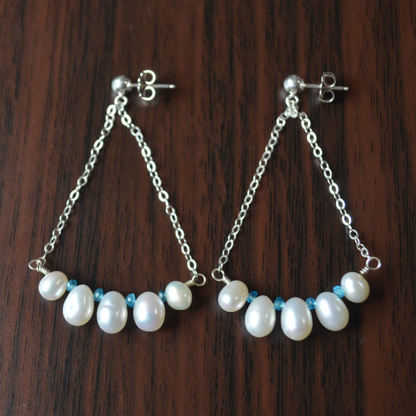 White Pearl Dangle Earrings in Sterling Silver with Apatite