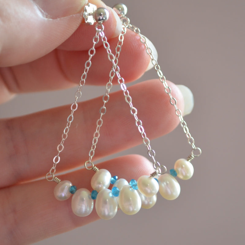 White Pearl Dangle Earrings in Sterling Silver with Apatite