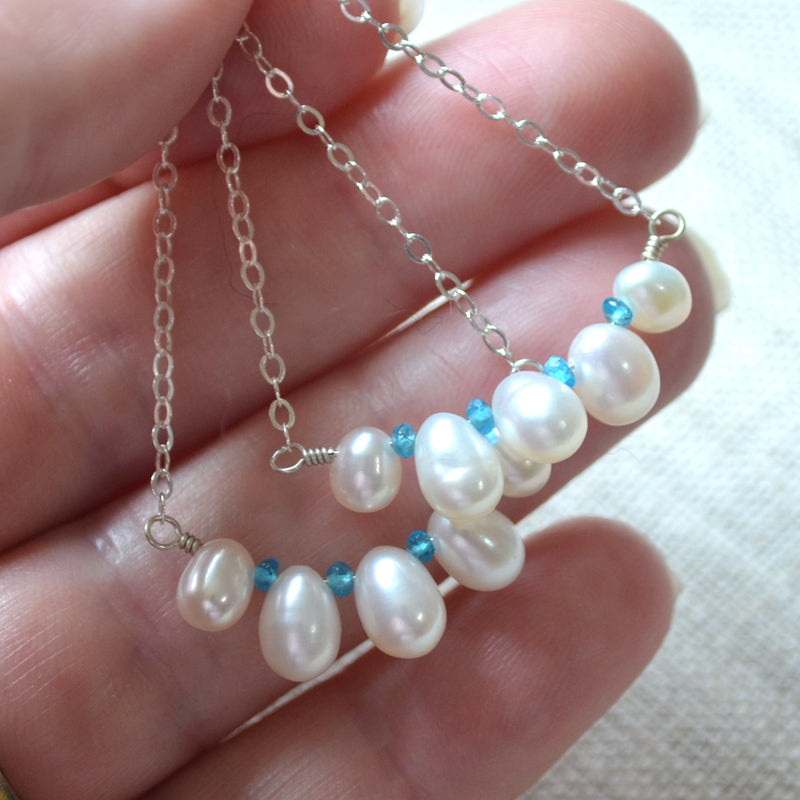 White Pearl Dangle Earrings in Sterling Silver with Apatite