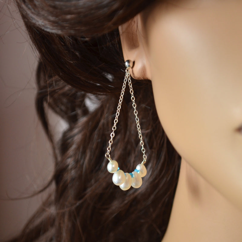 White Pearl Dangle Earrings in Sterling Silver with Apatite