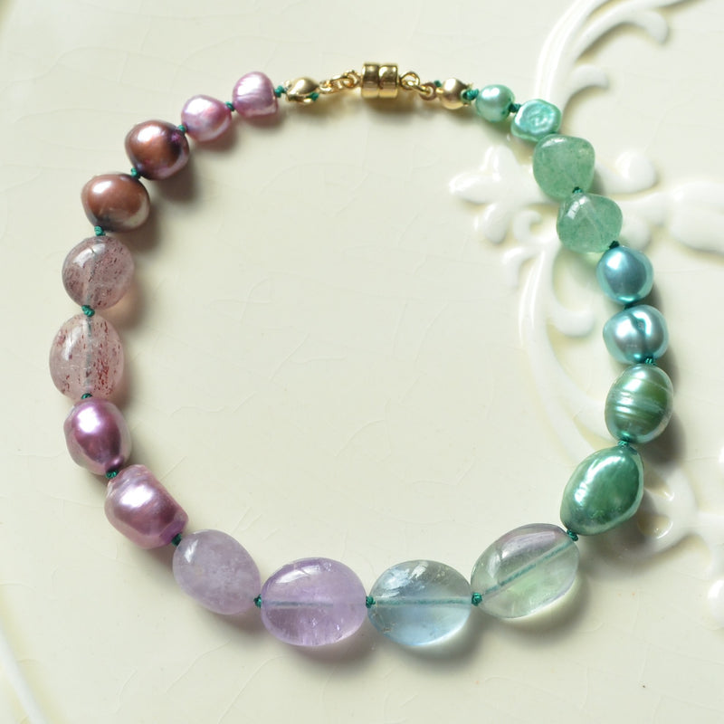 Hand Knotted Bracelet with Teal and Purple Stones