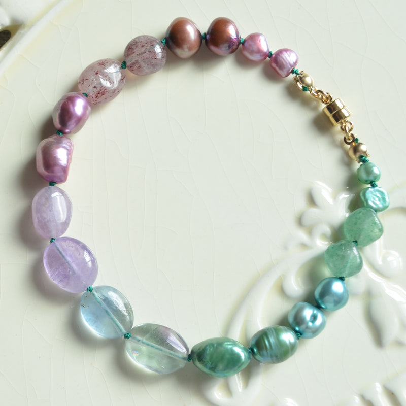 Hand Knotted Bracelet with Teal and Purple Stones