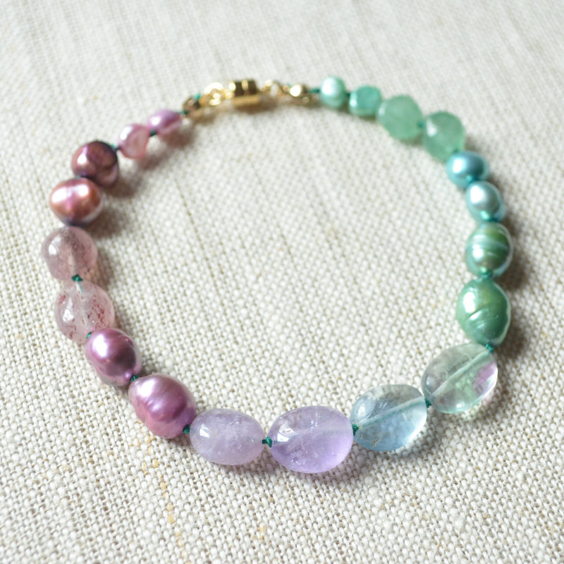 Hand Knotted Bracelet with Teal and Purple Stones