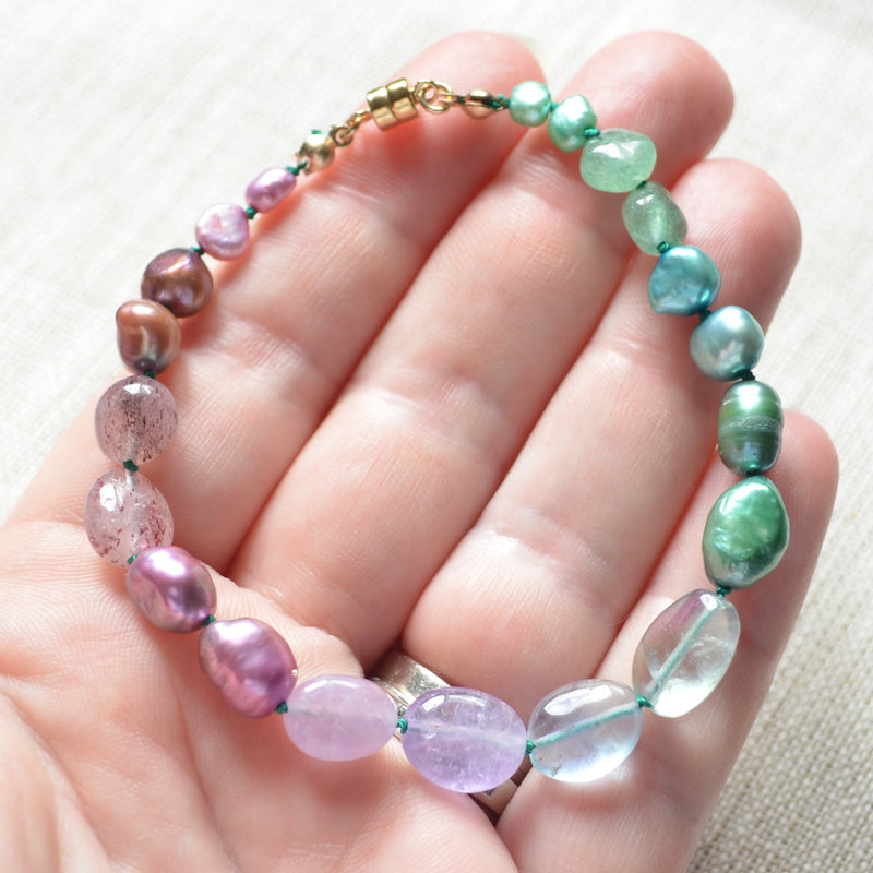 Hand Knotted Bracelet with Teal and Purple Stones
