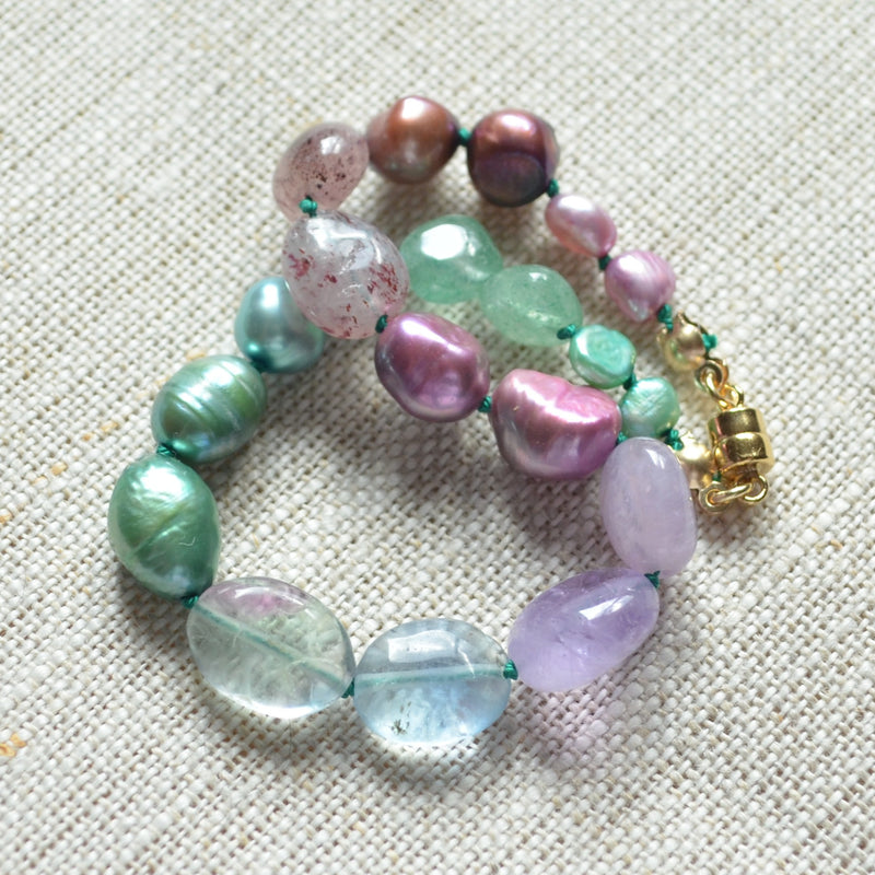 Hand Knotted Bracelet with Teal and Purple Stones