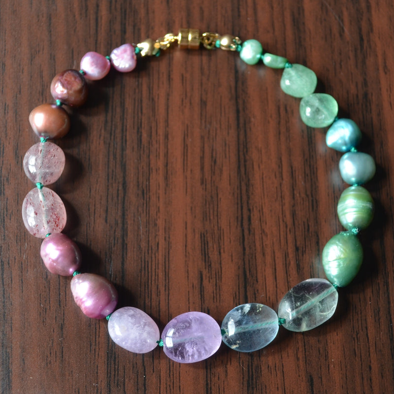 Hand Knotted Bracelet with Teal and Purple Stones