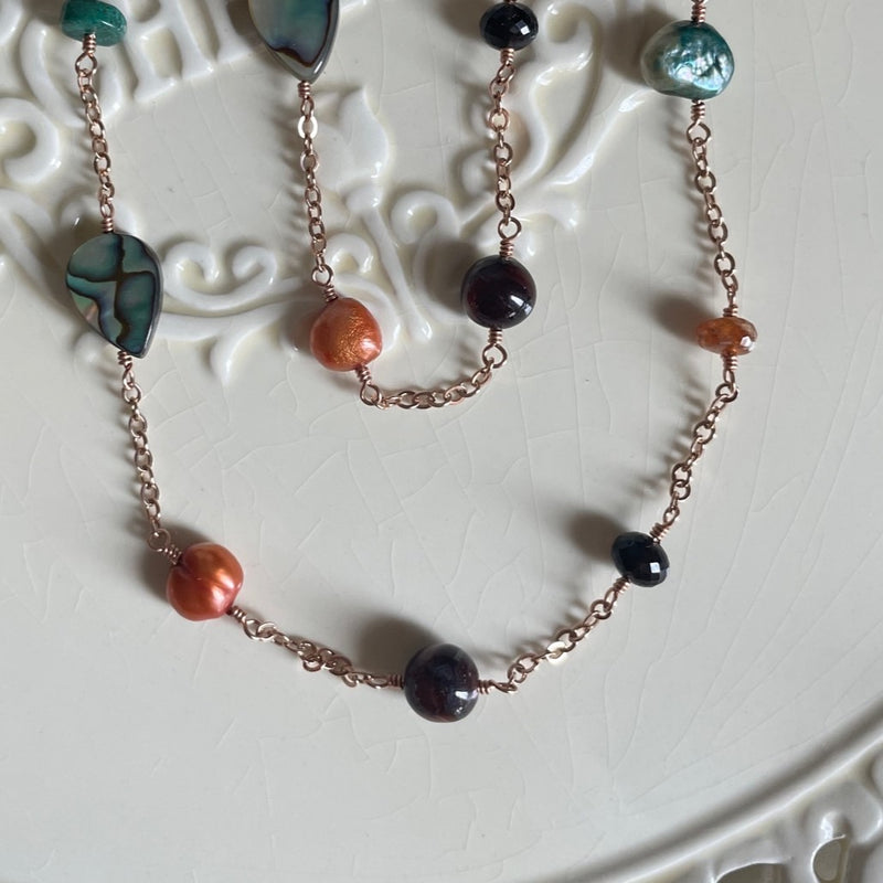 Long Wrap Necklace in Rose Gold with Abalone