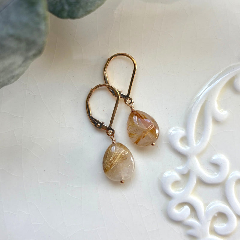 Golden Rutilated Quartz Earrings in Gold