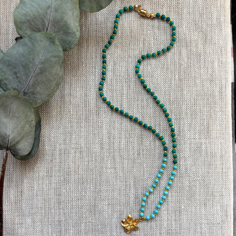 Turquoise Hand Knotted Necklace with Gold Flower Charm