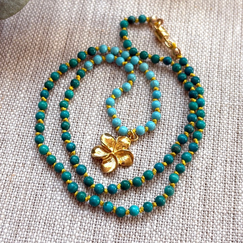 Turquoise Hand Knotted Necklace with Gold Flower Charm