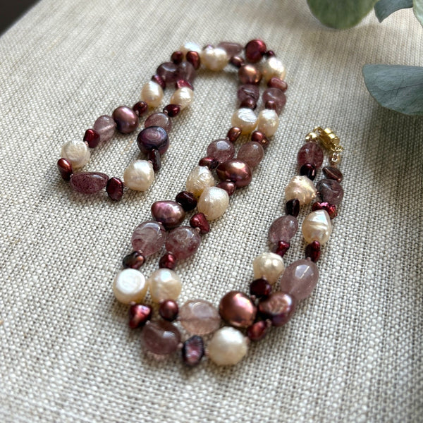 Pearl Wrap Bracelet or Necklace with Strawberry Quartz