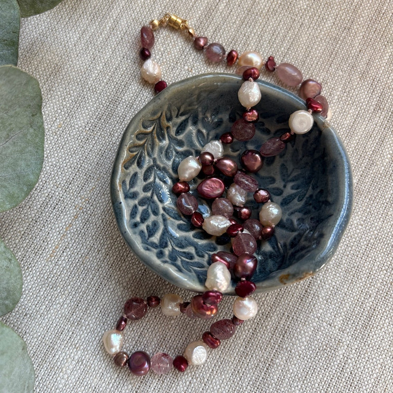 Pearl Wrap Bracelet or Necklace with Strawberry Quartz