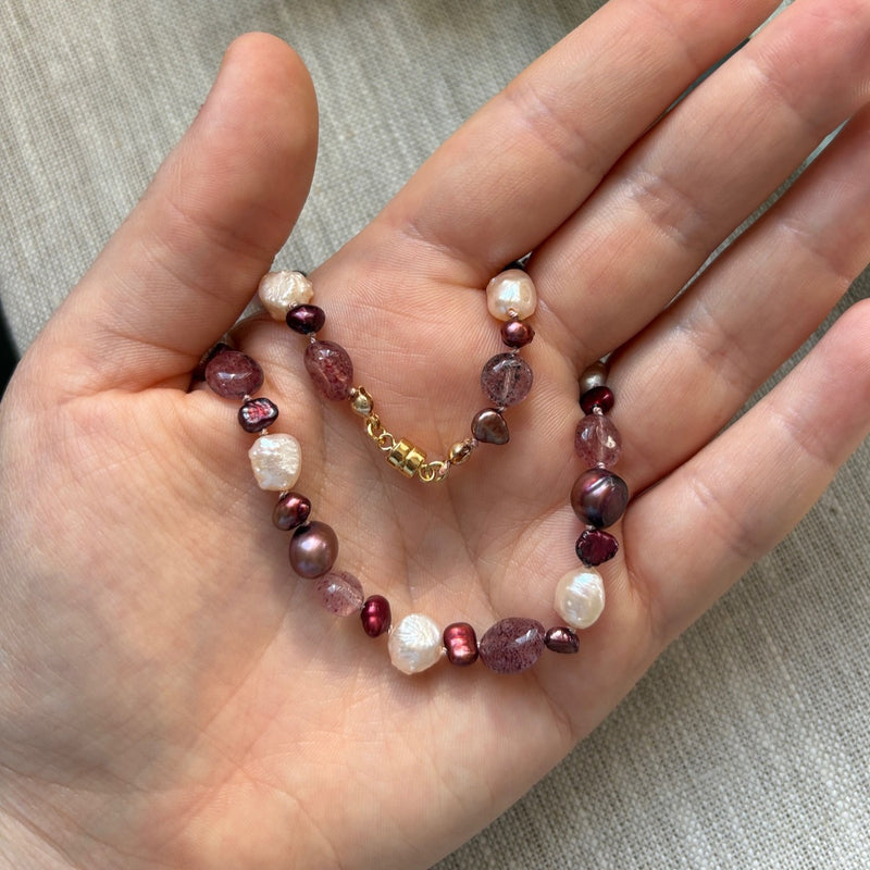 Pearl Wrap Bracelet or Necklace with Strawberry Quartz