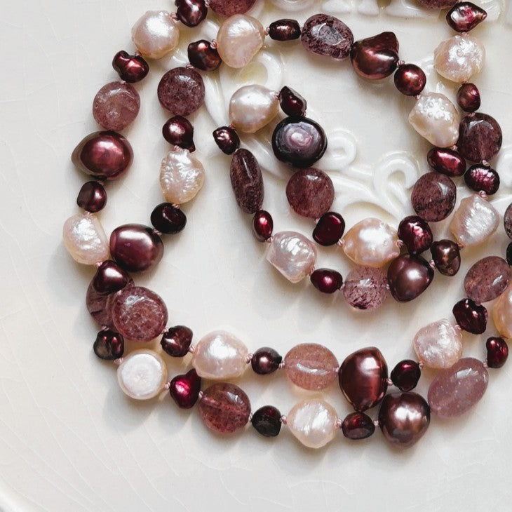 Pearl Wrap Bracelet or Necklace with Strawberry Quartz