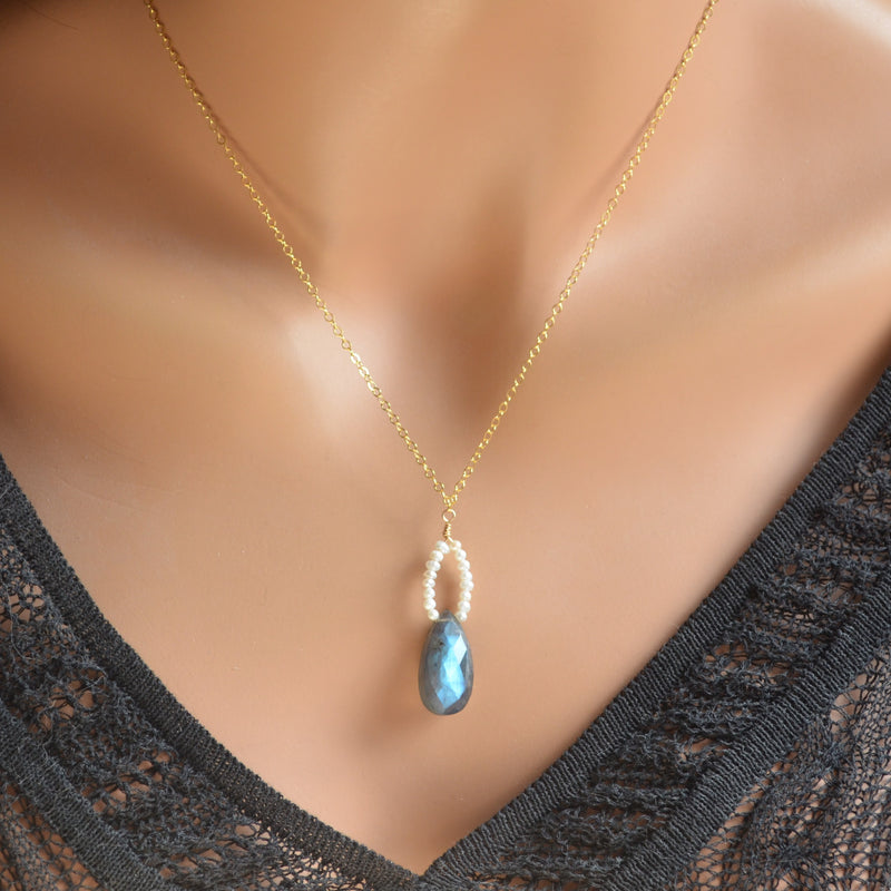 Labradorite Pendant Necklace with White Seed Pearls