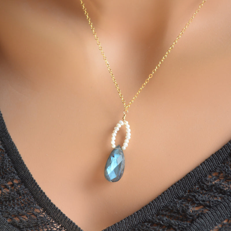 Labradorite Pendant Necklace with White Seed Pearls