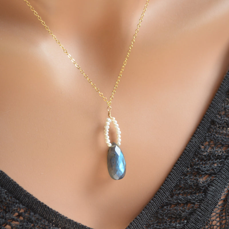 Labradorite Pendant Necklace with White Seed Pearls