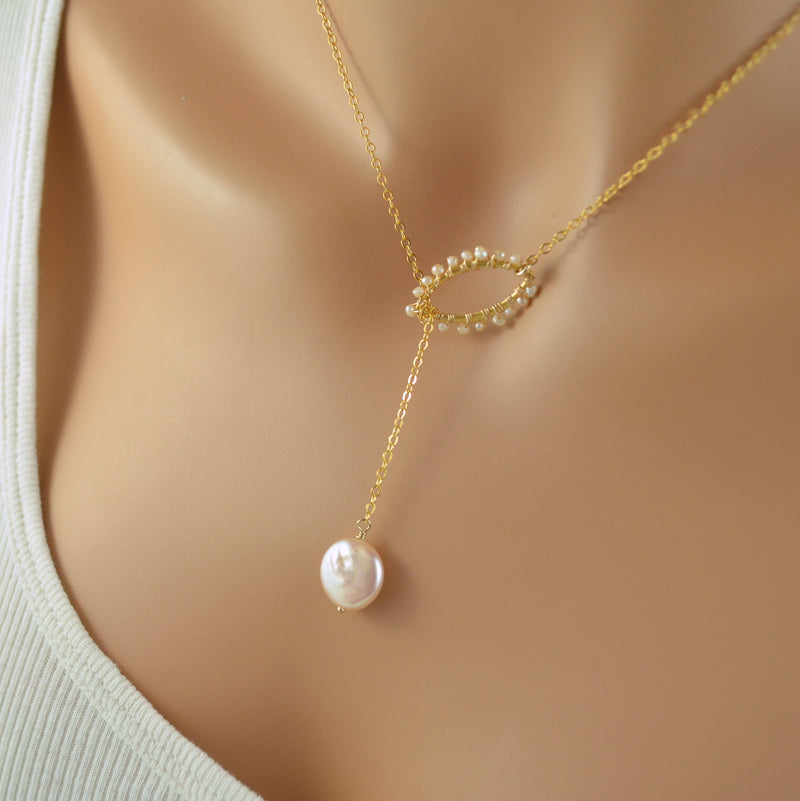 Pink Coin Pearl Lariat Necklace in Gold
