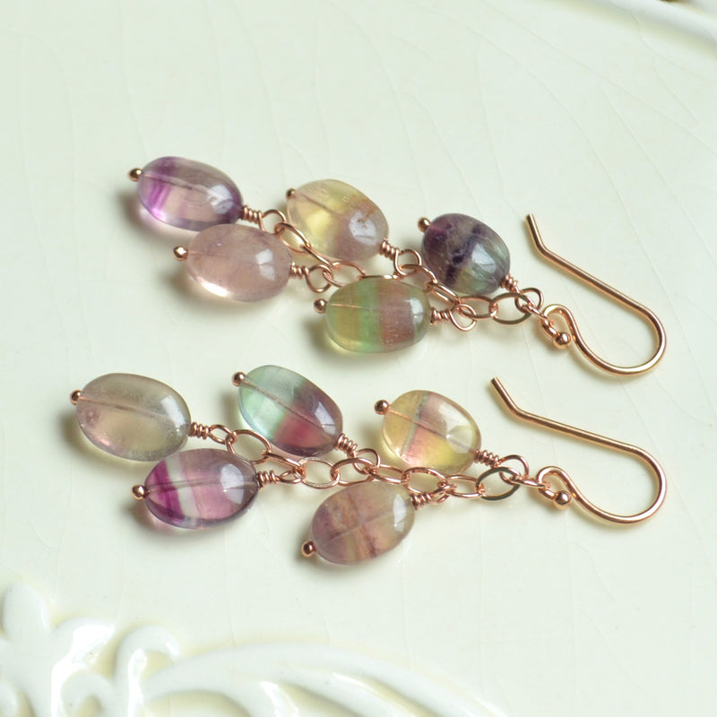 Real Fluorite Gemstone Earrings in Rose Gold