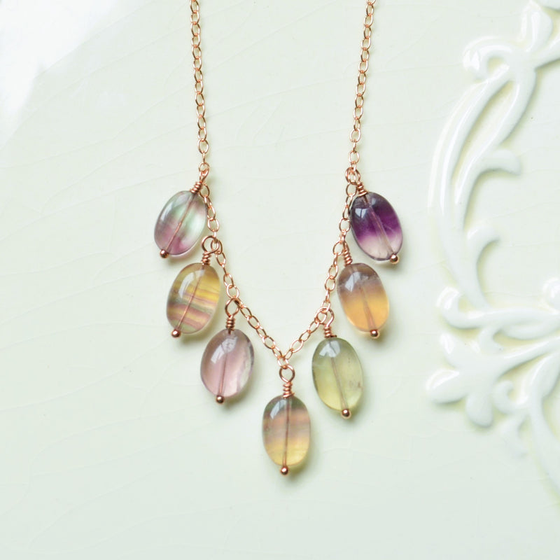 Real Fluorite Gemstone Necklace in Rose Gold