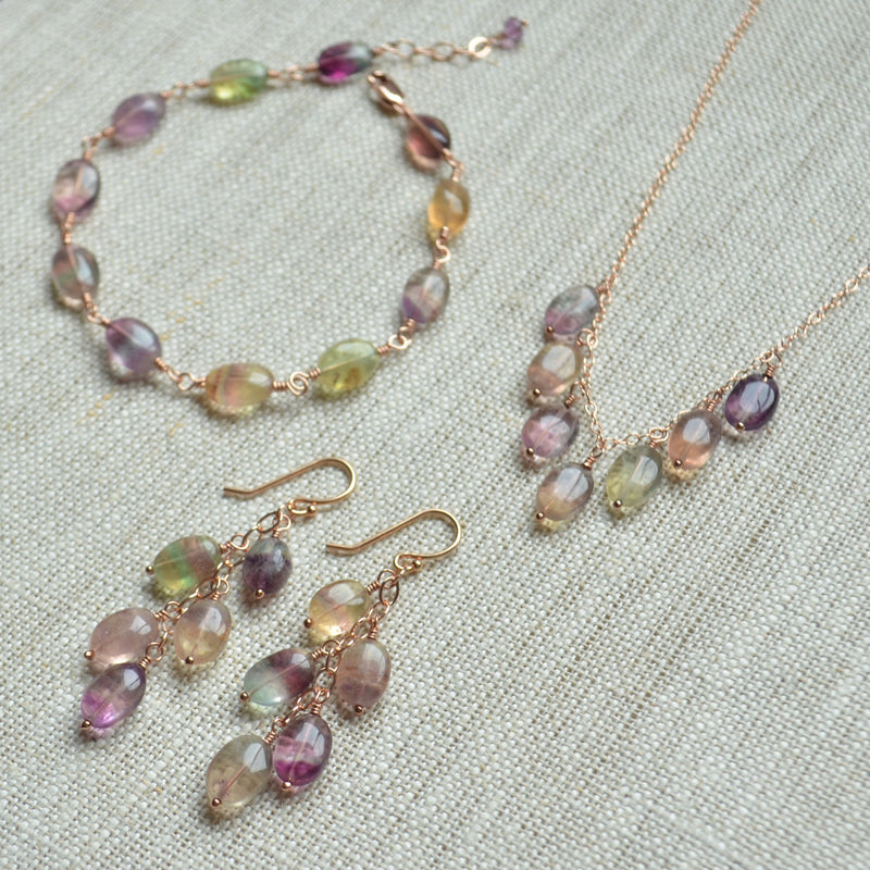 Real Fluorite Gemstone Earrings in Rose Gold