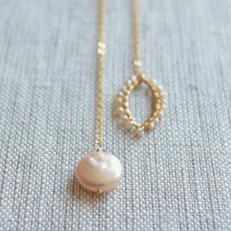 Pink Coin Pearl Lariat Necklace in Gold