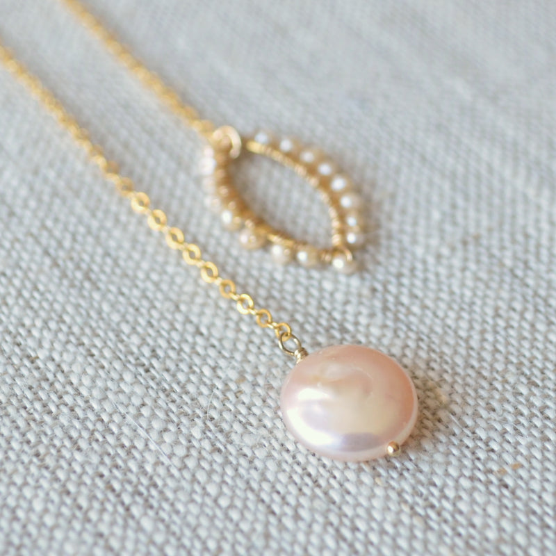 Pink Coin Pearl Lariat Necklace in Gold