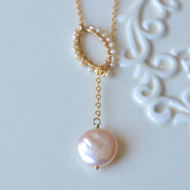 Pink Coin Pearl Lariat Necklace in Gold