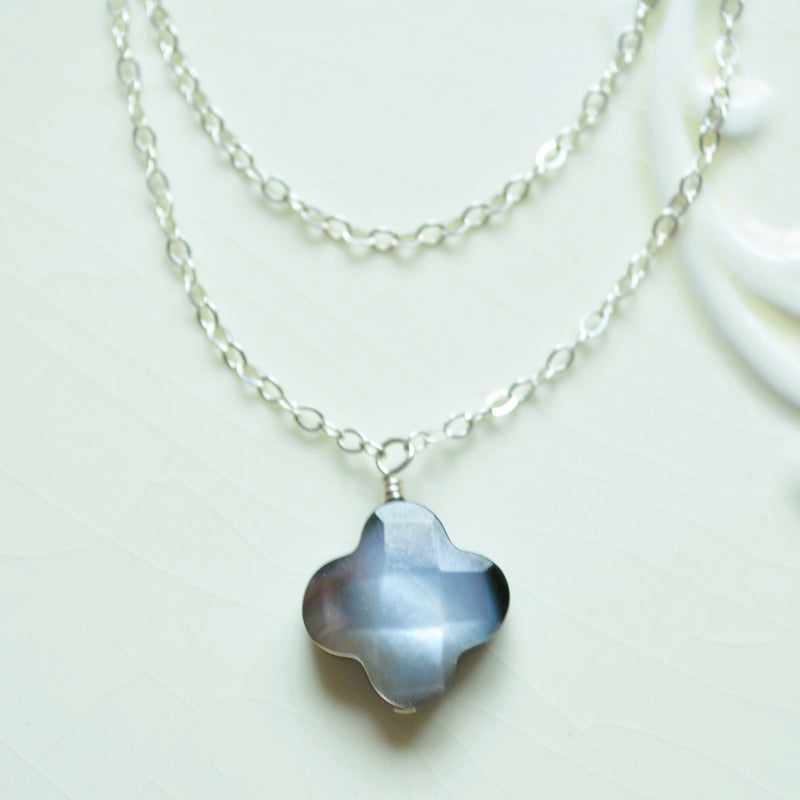 Black Mother of Pearl Necklace with Double Silver Chains